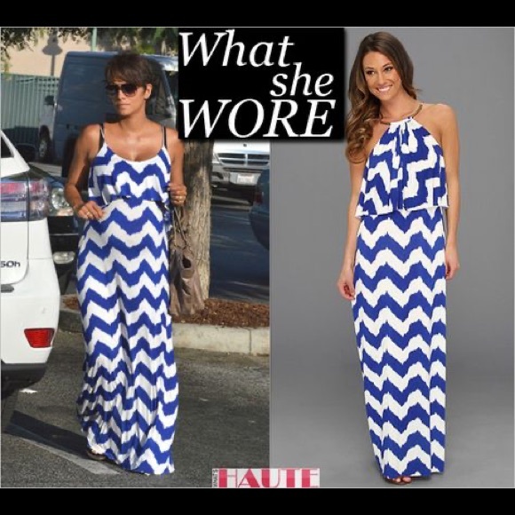 T-Bags Dresses & Skirts - T-bags Los Angeles Blue & White Chevron Maxi Halter Dress Size Medium